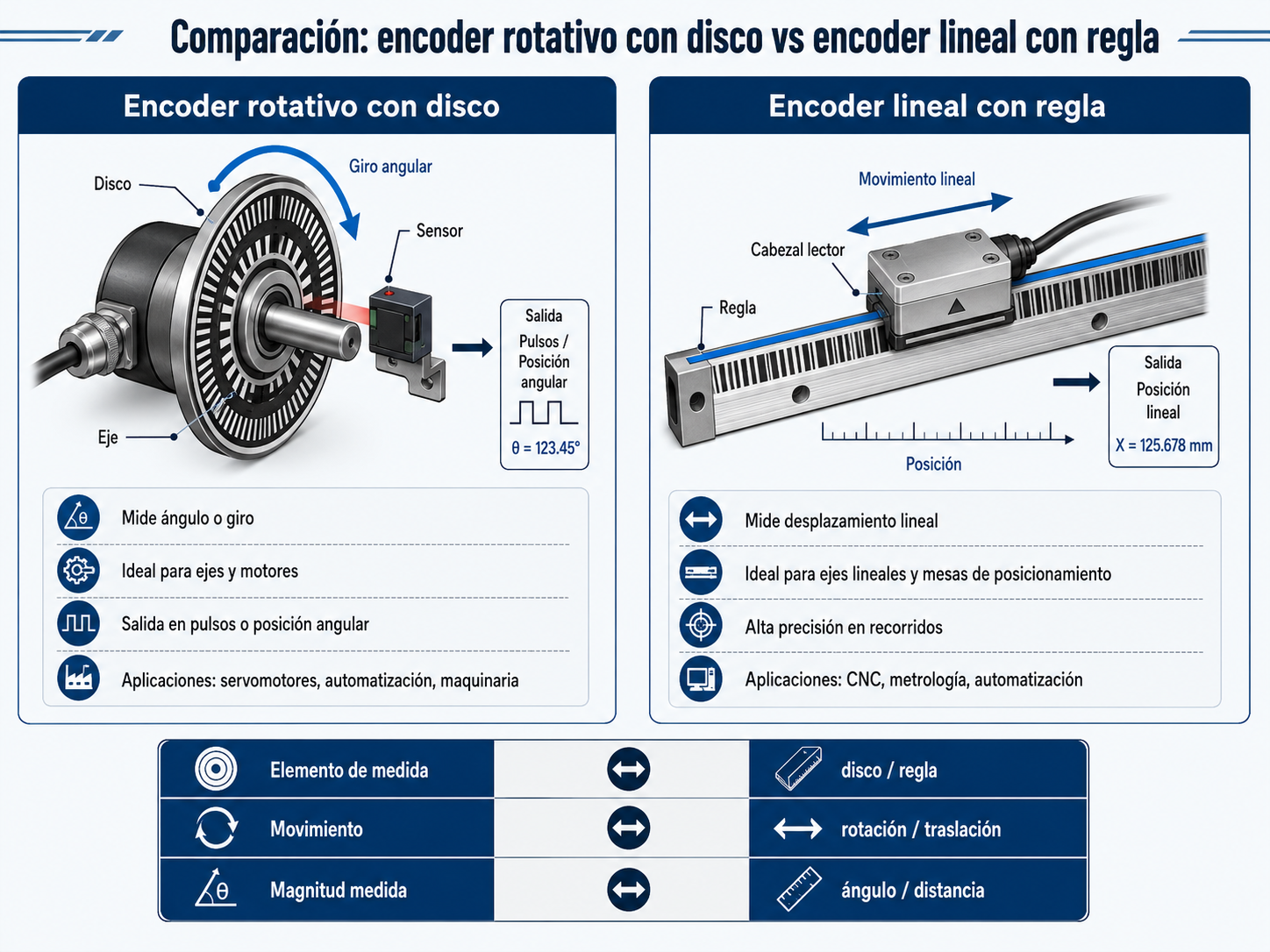 Comparación entre un encoder rotativo con disco y un encoder lineal con regla.