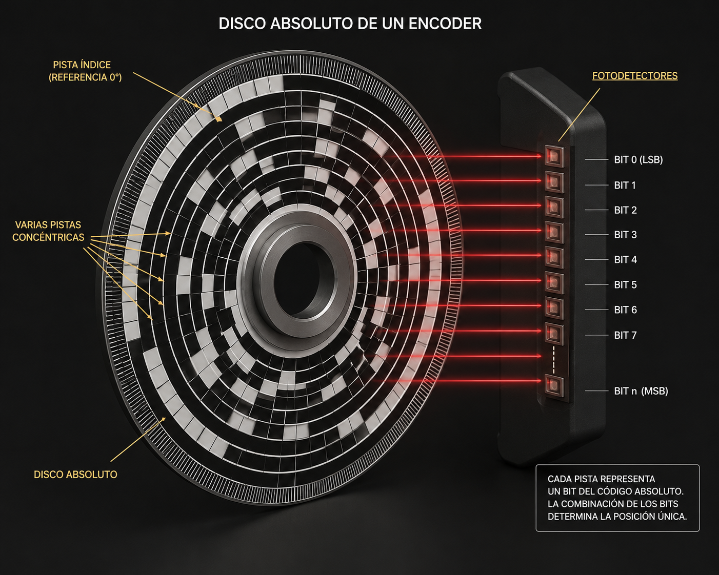Disco absoluto de un encoder con varias pistas concéntricas y varios fotodetectores.