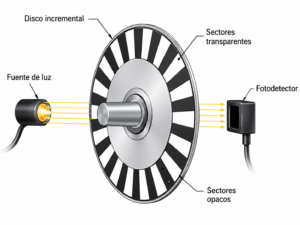 Disco incremental (de un encoder) con sectores transparentes y opacos, una fuente de luz y un fotodetector.