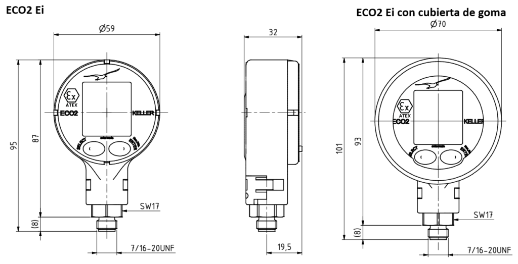 Desenho dimensional do manômetro digital ATEX KELLER ECO2-Ei com conexão 7/16-20 UNF e adaptador G1/4.