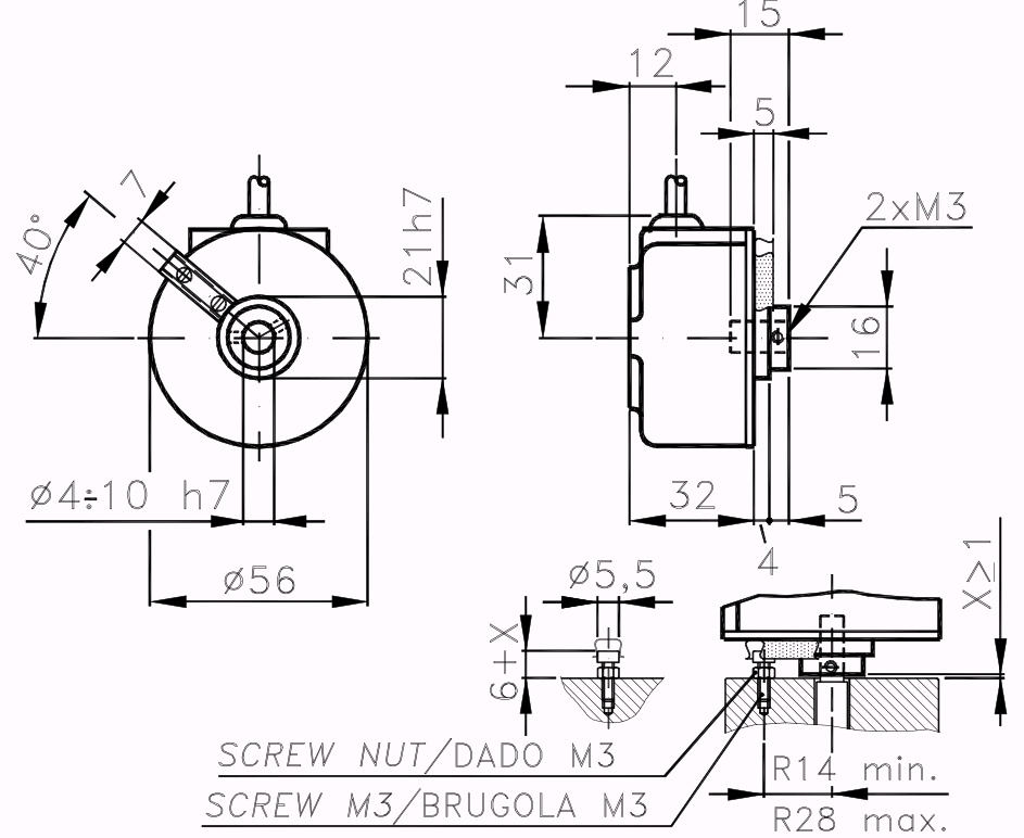 Schéma dimensionnel du kit d'encodeur incrémental et du codeur I/56CJ à faible coût