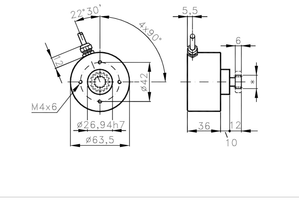 Desenho dimensional do codificador incremental para racks I/62C