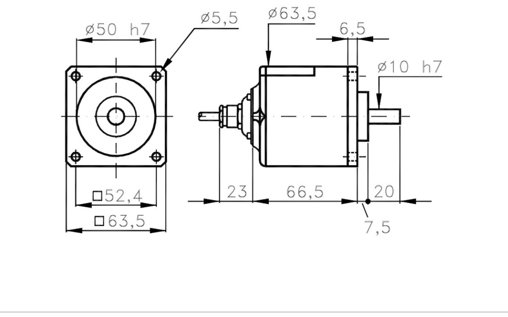 Desenho dimensional do kit de encoder incremental e do I/63TE de baixo custo