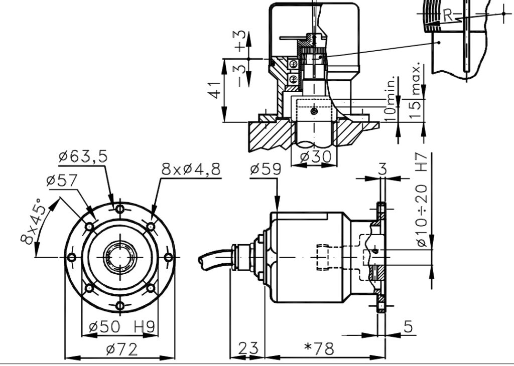Debuxo dimensional do codificador incremental para motores I/72A