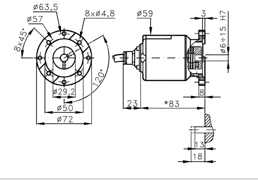 Plano dimensional Encoder Incremental para Motores I/72E