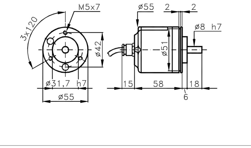 Schéma dimensionnel du kit d'encodeur incrémental et de l'I/E5 à faible coût