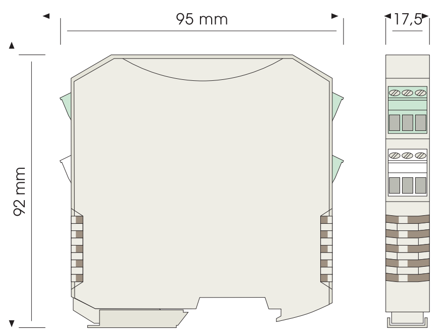 Plano dimensional del relé comparador de corriente RCG-2AC con medidas de 95 × 92 × 17,5 mm para montaje en carril DIN.