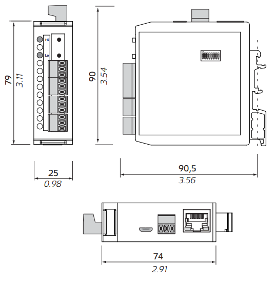 Plano dimensional del acondicionador de señal Novotechnik MUP-410-11 con medidas para montaje sobre carril DIN.