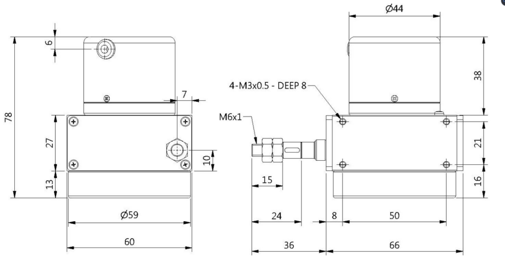 Dessin technique avec les dimensions du capteur de déplacement de fil DLE-S