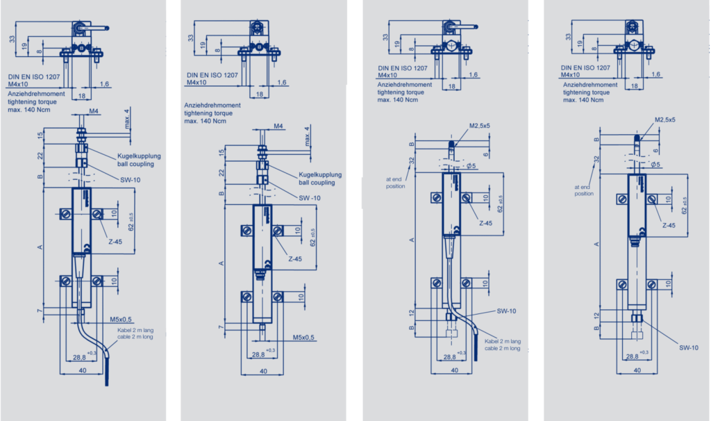 Desenho técnico do sensor de deslocamento linear Novotechnik TE1 com haste e sonda.