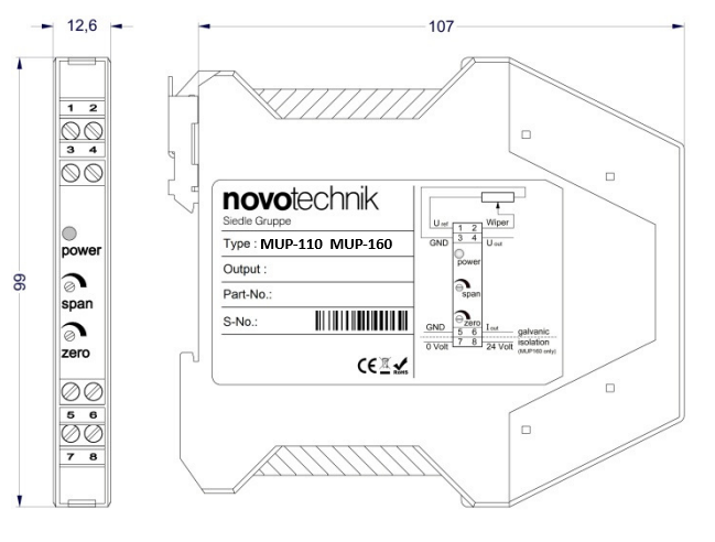 Dimensións do acondicionador de carril DIN Novotechnik MUP-110 e MUP-160