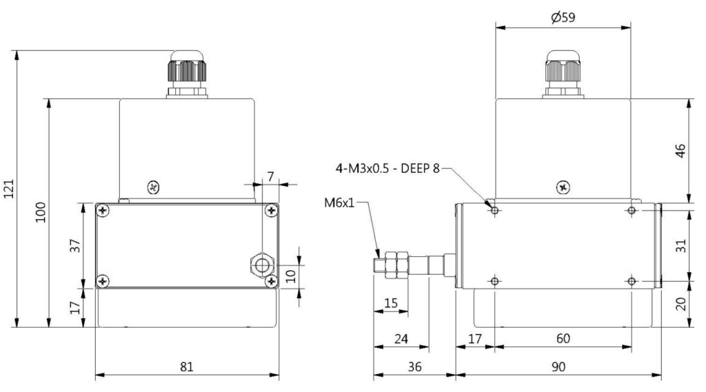 Dimensiones y dibujo técnico del sensor de desplazamiento por hilo DPF Sensors DLE-HR