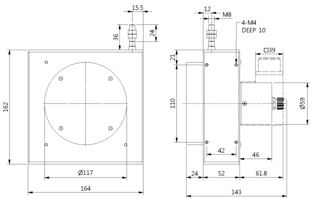 Dimensións do sensor de desprazamento por cable DLE-L para distancias de percorrido de 6 a 12 metros