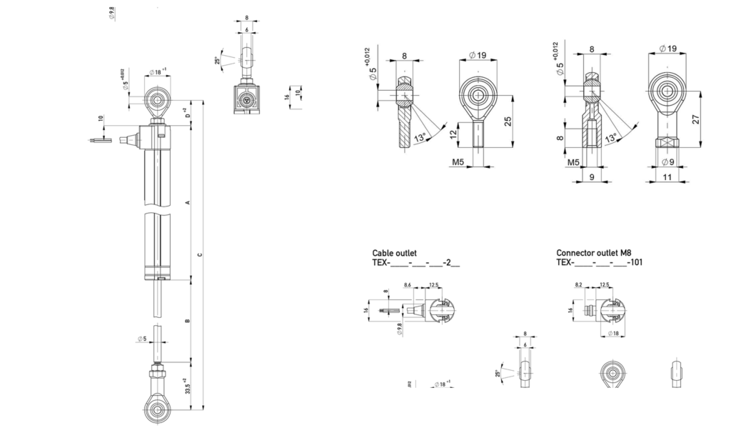 Dimensións do sensor de desprazamento lineal Novotechnik TEX con articulacións de rótula