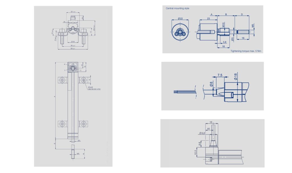 Dimensións do sensor de desprazamento lineal Novotechnik TEX con vástago