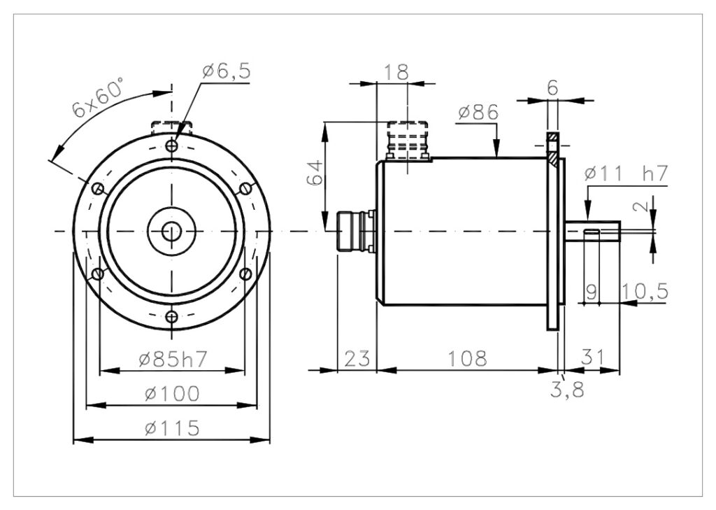 Dimension drawing of the A/7115R Single-turn Absolute Encoder
