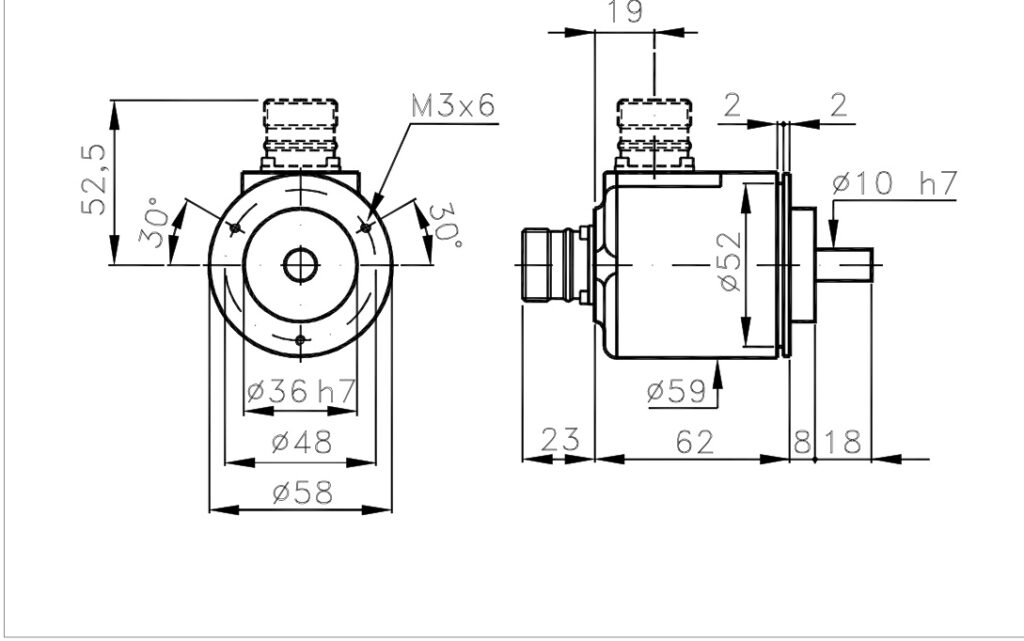 Schéma coté de l'encodeur absolu monotour A/758H