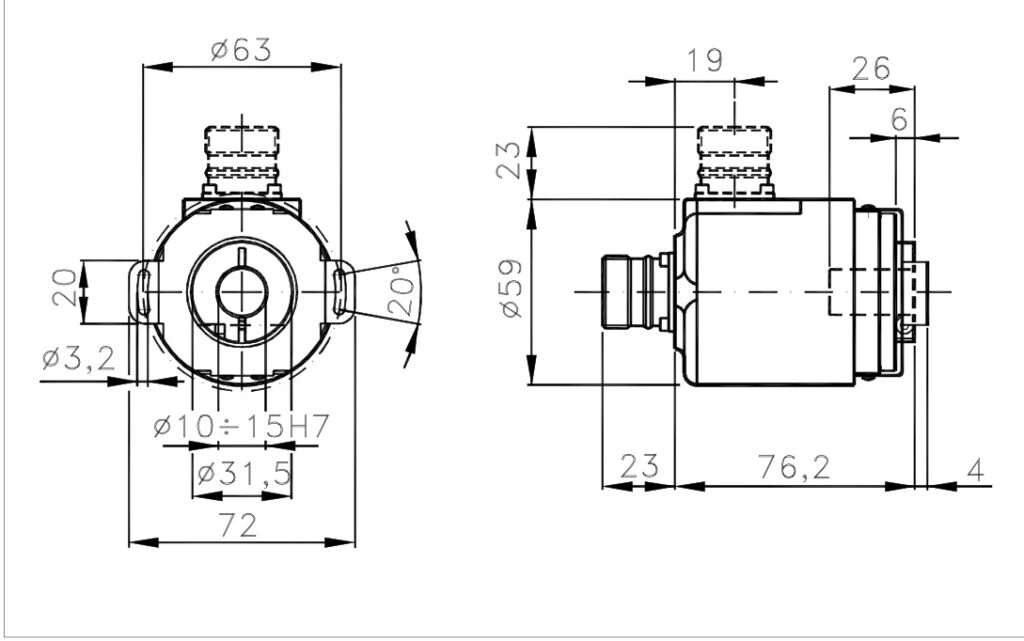 Dimension drawing of the A/759UMA Single-turn Absolute Encoder