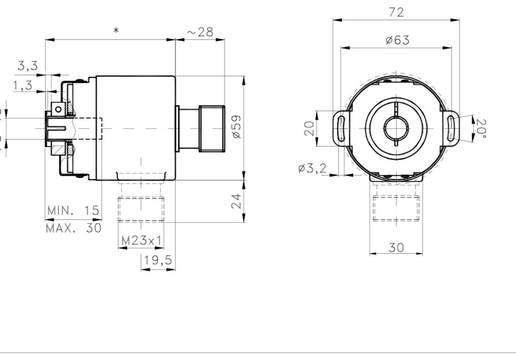 Schéma dimensionnel de l'encodeur absolu monotour A/959CS