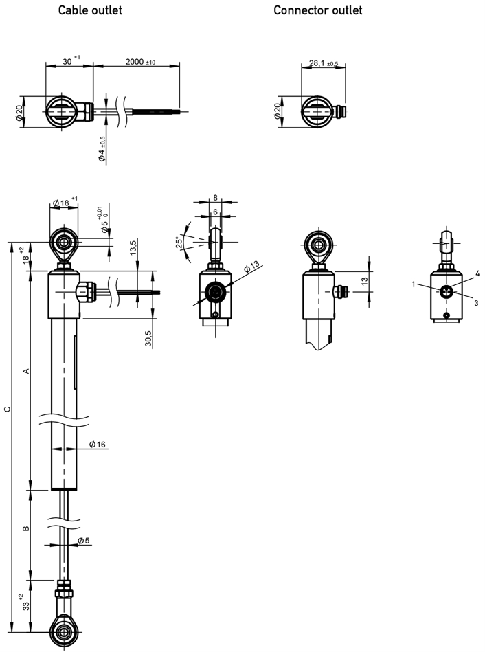 Debuxo dimensional do sensor de posición lineal Novotechnik TX2 con articulacións de rótula