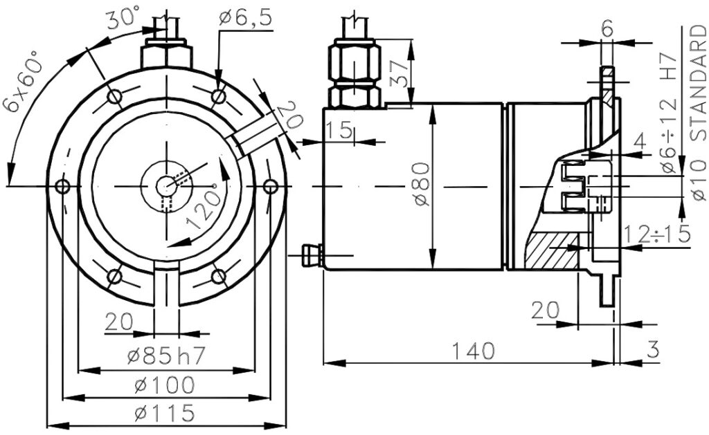 Desenho dimensional do encoder absoluto à prova de explosão ELCIS A/0L80EXS