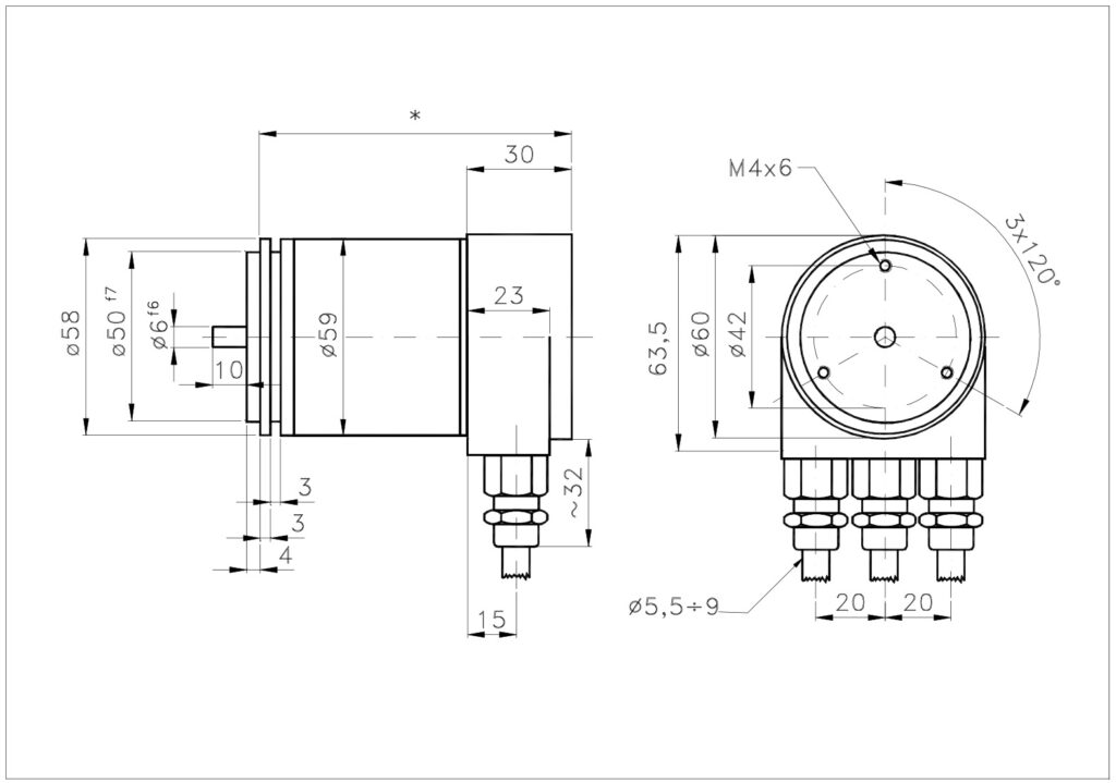 Desenho dimensional do encoder de barramento de campo absoluto ELCIS A/958SD
