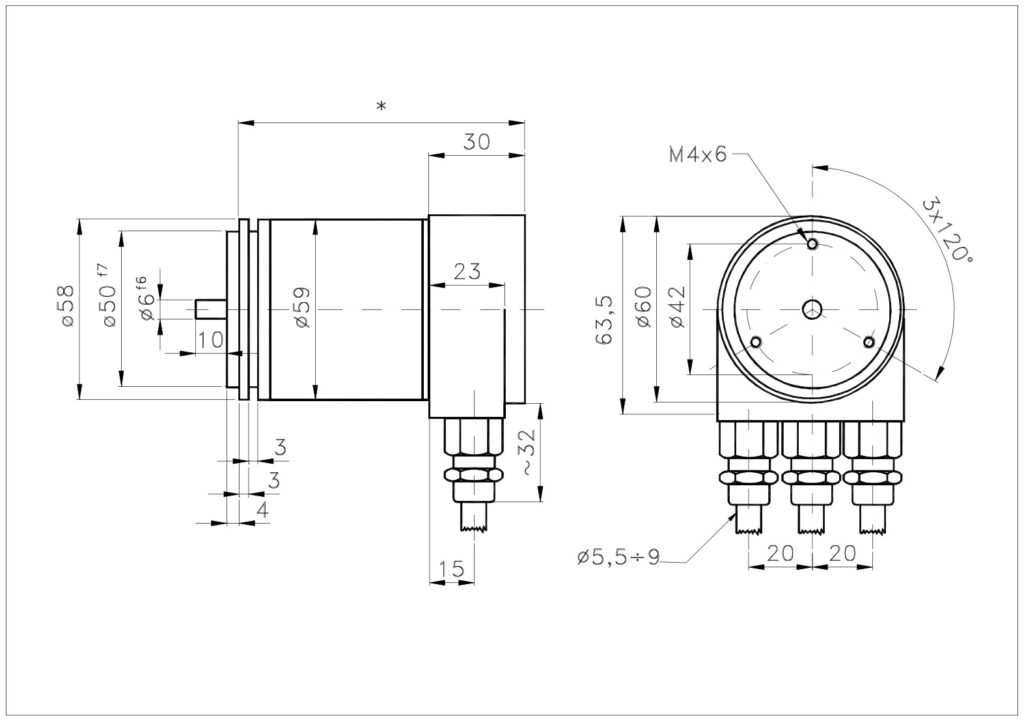 Desenho dimensional do encoder de barramento de campo absoluto ELCIS A/958SP