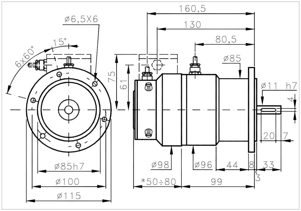 Plano dimensional del encoder incremental con dinamo taquimétrica ELCIS I/115T