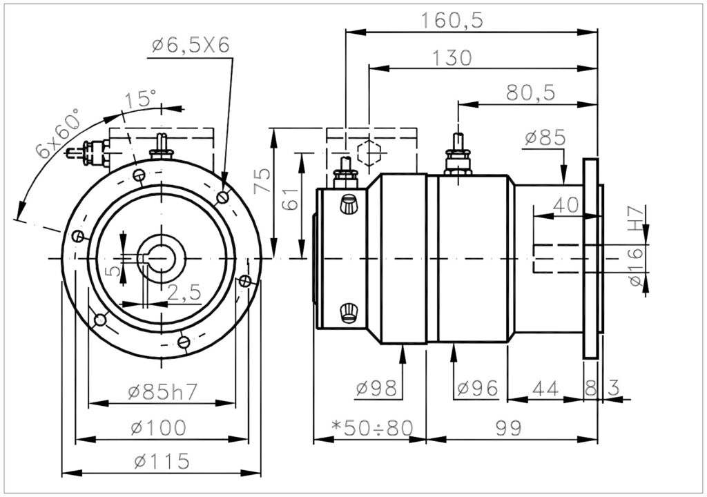Plano dimensional del encoder incremental con dinamo taquimétrica ELCIS I/115TC
