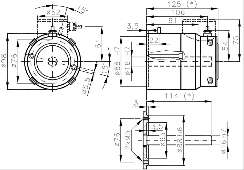 Plànol dimensional de l'encoder incremental amb dinamo taquimètrica ELCIS I/98T