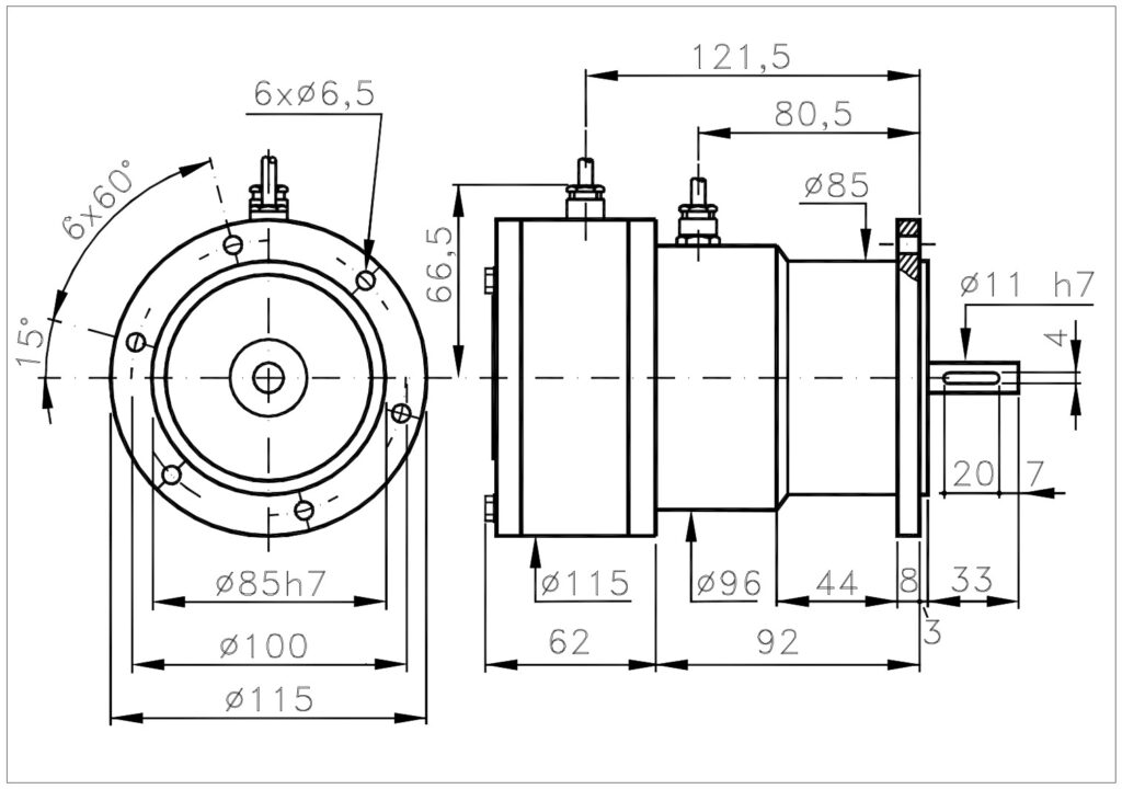 Desenho dimensional do encoder incremental com relé centrífugo ELCIS I/115TB