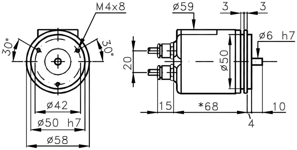 Dimensional drawing of the ELCIS I/58SY dual resolution incremental encoder