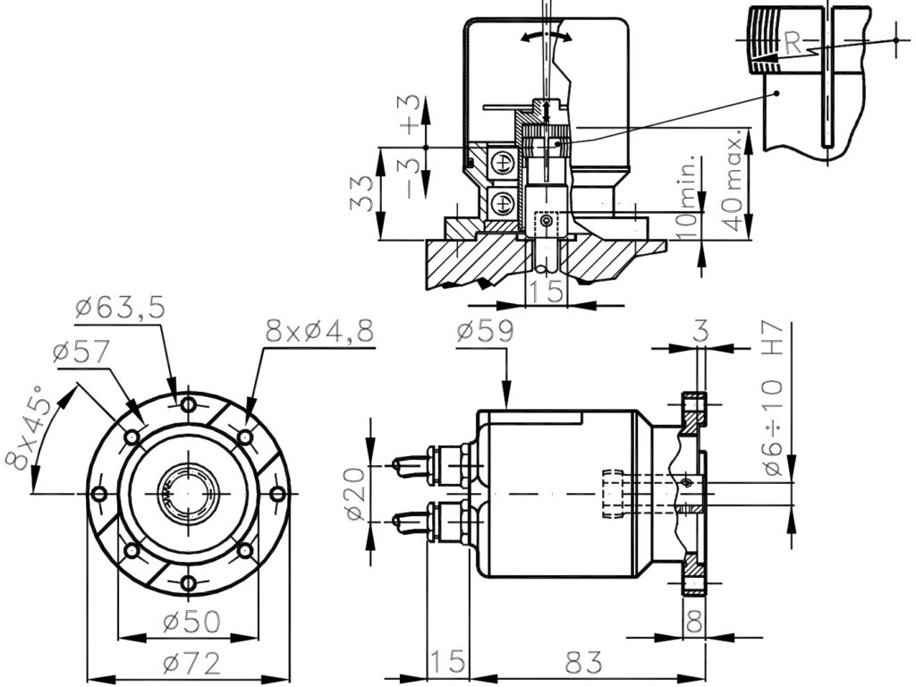 Desenho dimensional do codificador incremental de dupla resolução ELCIS I/72H