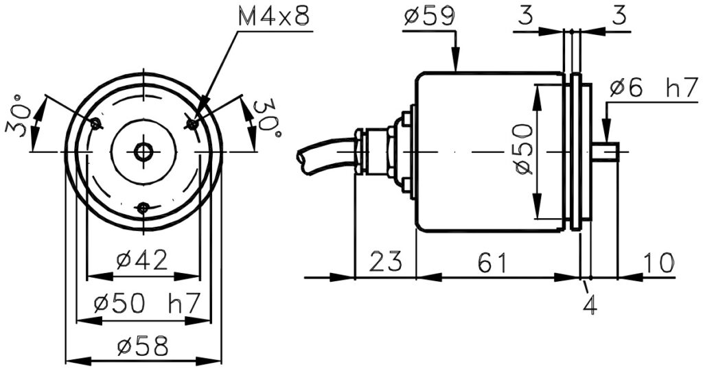 Dimensional drawing of the special incremental encoder ELCIS I/58SX