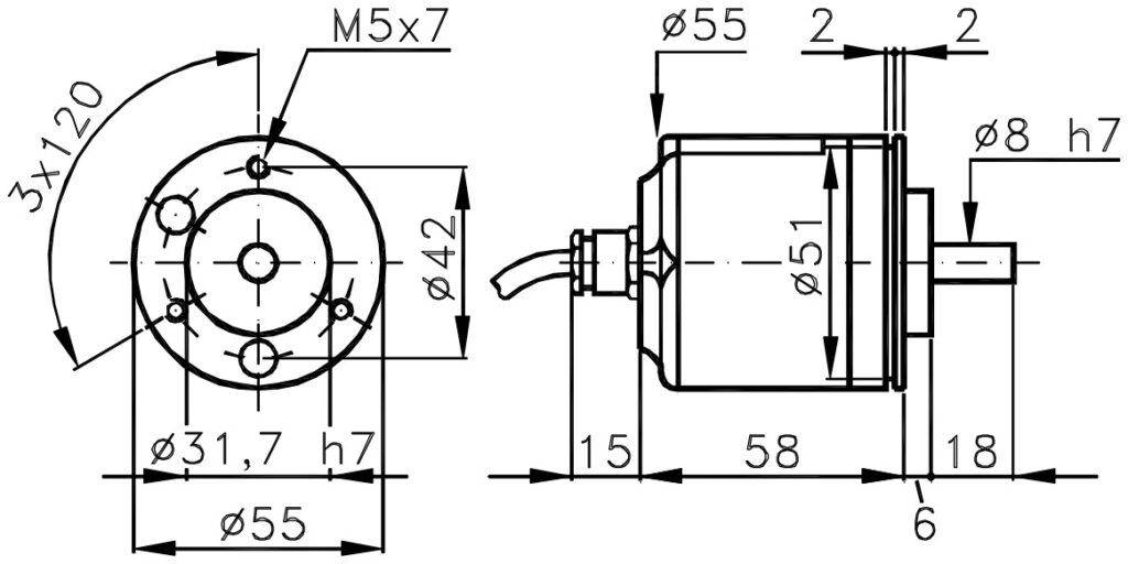 Schéma dimensionnel de l'encodeur incrémental standard ELCIS I/55