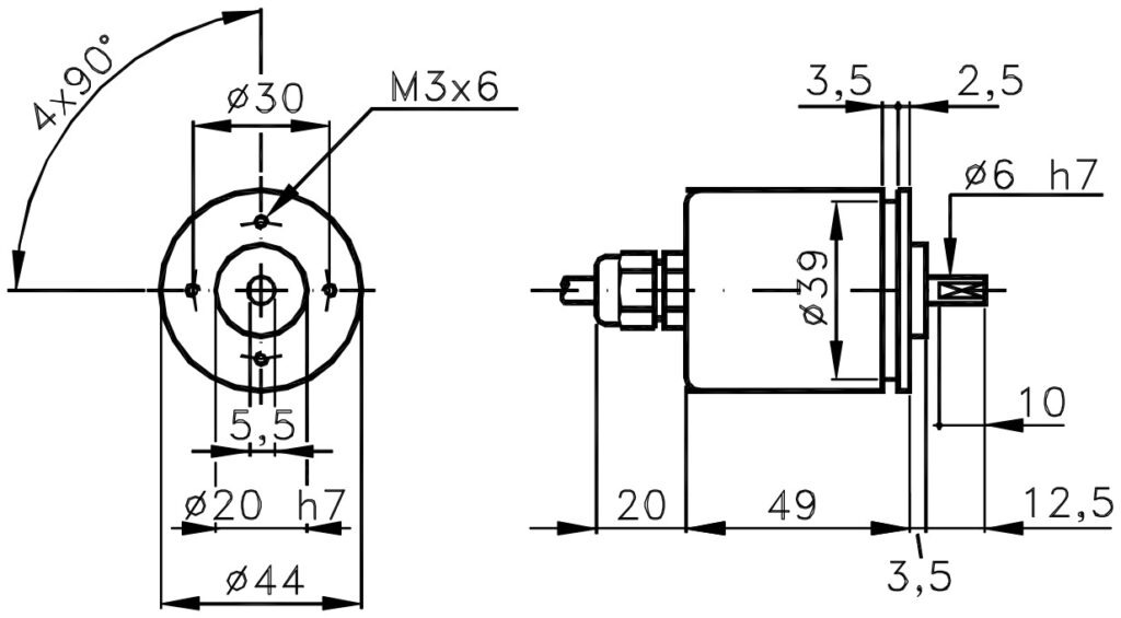 Dimensional drawing of the low cost incremental encoder ELCIS I/44EA