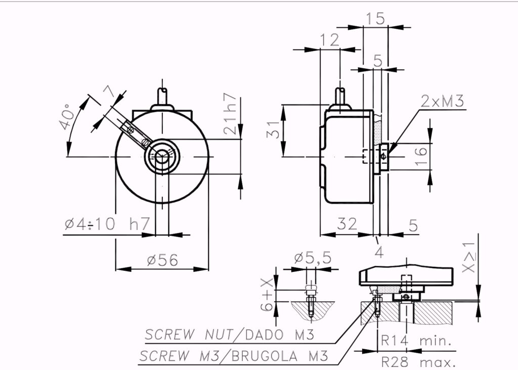 Plano dimensional del encoder incremental low cost ELCIS I/56CJ
