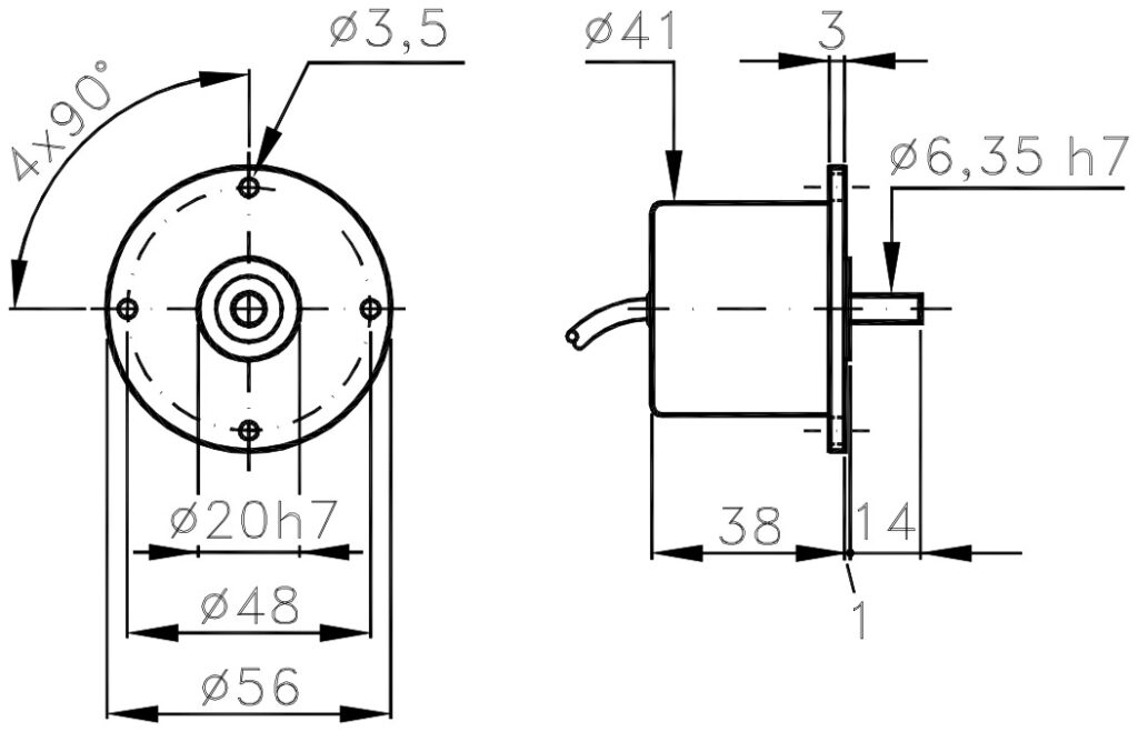 Plano dimensional del encoder incremental low cost ELCIS I/56E