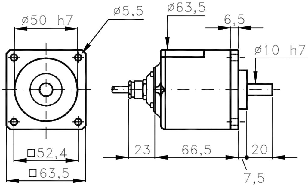 Plano dimensional del encoder incremental low cost ELCIS I/63TE