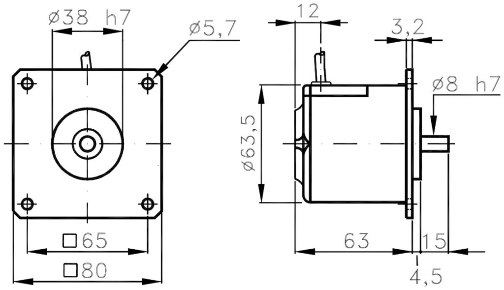 Dimensional drawing of the low cost incremental encoder ELCIS I/80QJ