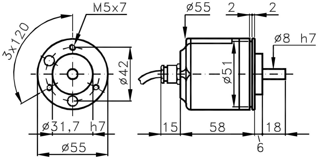 Desenho dimensional do encoder incremental de baixo custo ELCIS I/E5