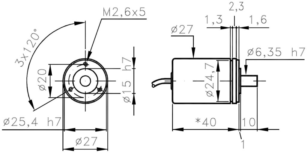 Plànol dimensional de l'encoder incremental miniatura ELCIS I/27
