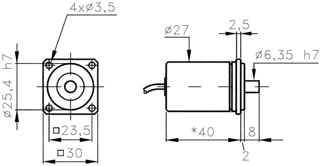 Dimensional drawing of the ELCIS I/27Q miniature incremental encoder