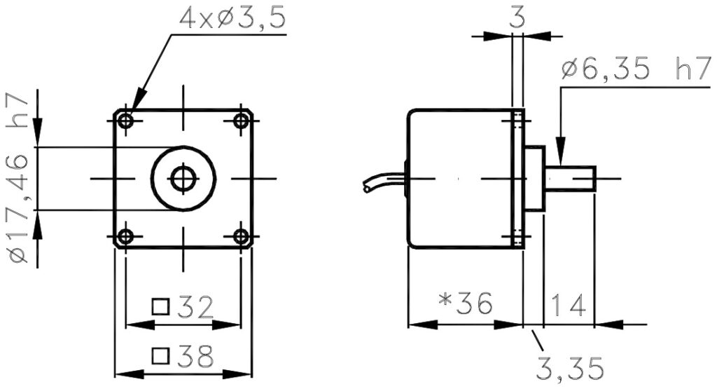 Plano dimensional del encoder incremental miniatura ELCIS I/38Q