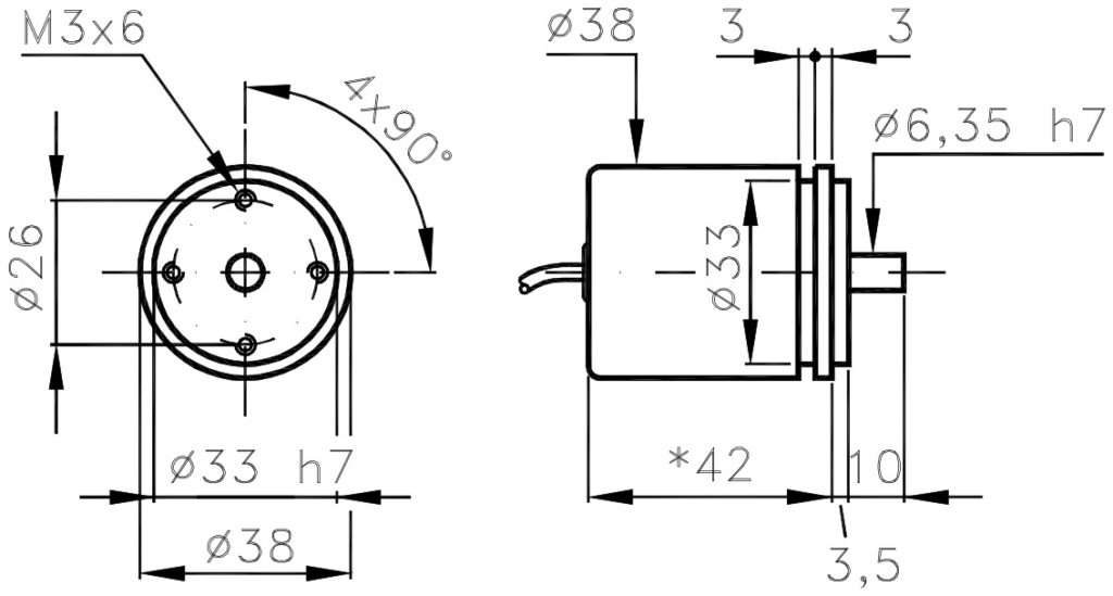 Plano dimensional del encoder incremental miniatura ELCIS I/38S