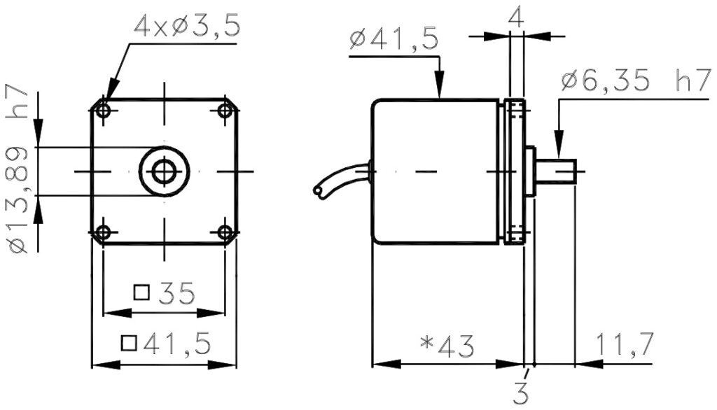 Schéma dimensionnel de l'encodeur incrémental miniature ELCIS I/41Q