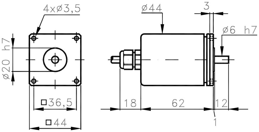 Plànol dimensional de l'encoder incremental miniatura ELCIS I/44Q