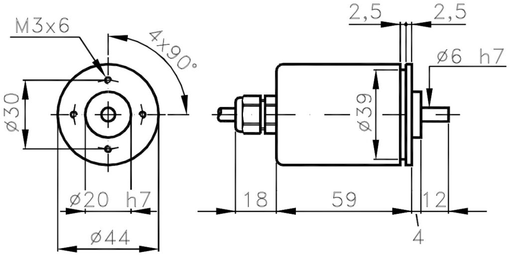 Debuxo dimensional do encoder incremental en miniatura ELCIS I/44S
