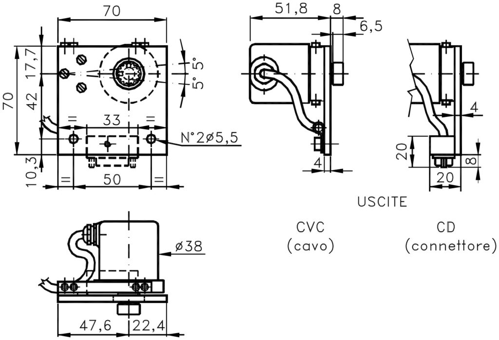 Desenho dimensional do encoder incremental para racks ELCIS I/38CR