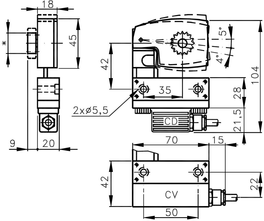 Plano dimensional del encoder incremental para cremalleras ELCIS I/45C